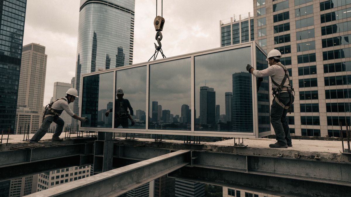Unitized curtain wall panel landing on the floor edge